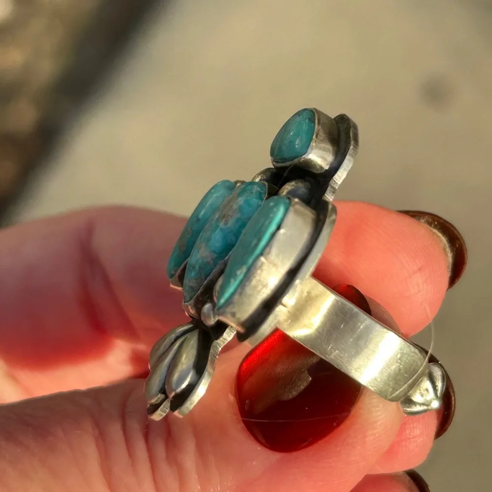 Russell Sam Native American White Water Turquoise Sterling Statement Ring - Picture 6 of 14